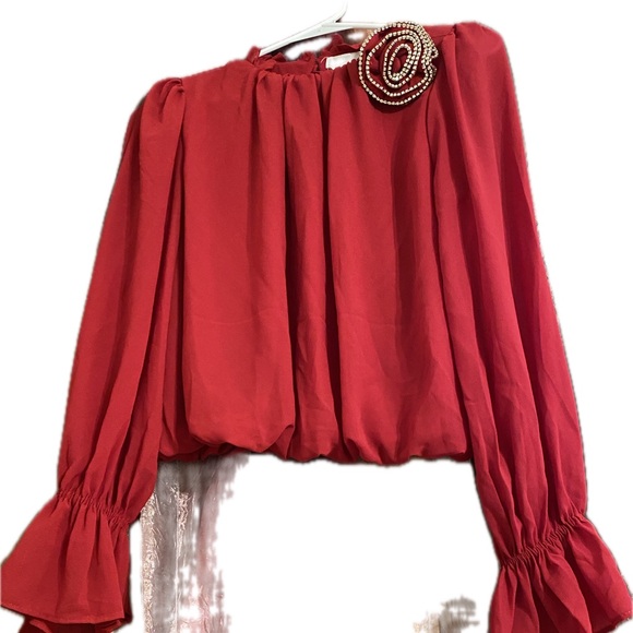 Ruby Red Ruffle-Sleeved Rhinestone Blouse - Picture 4 of 8